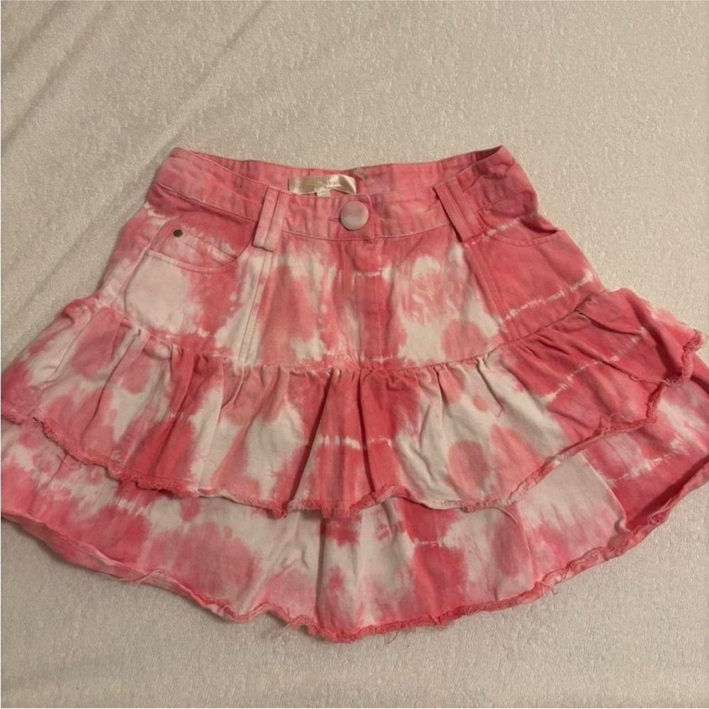 LoveShackFancy Pink Tie Dye Ruffle Mini Skirt Tiered Boho Festival Size 00 - Picture 4 of 6
